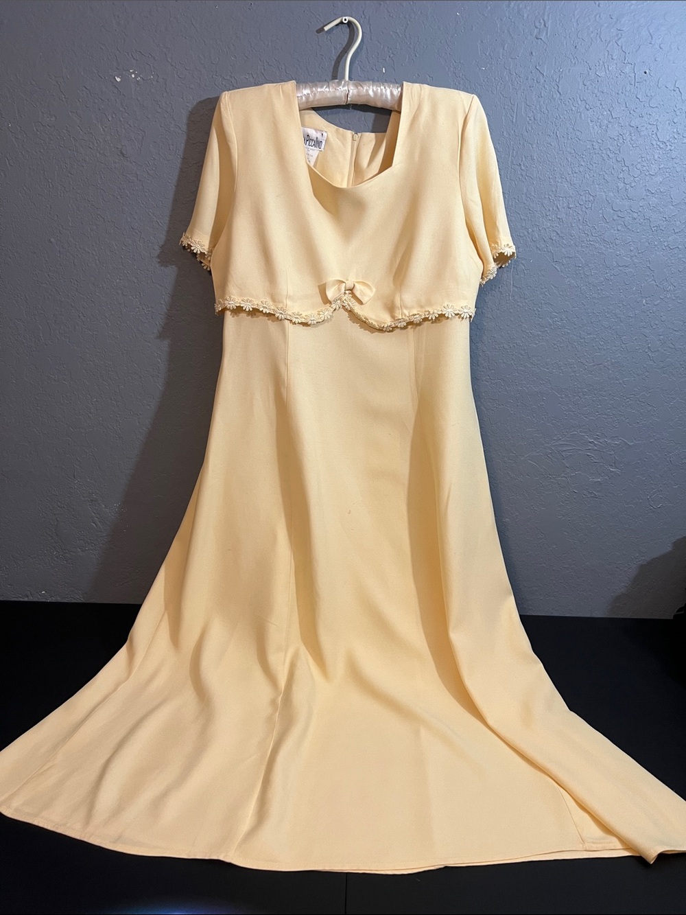 Nina Piccalino Pale Yellow Maxi Dress with Bow and Lace Trim
